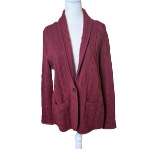 Talbots Womens Cable Knit Shawl Collar Cardigan Sweater Blazer Burgundy Large